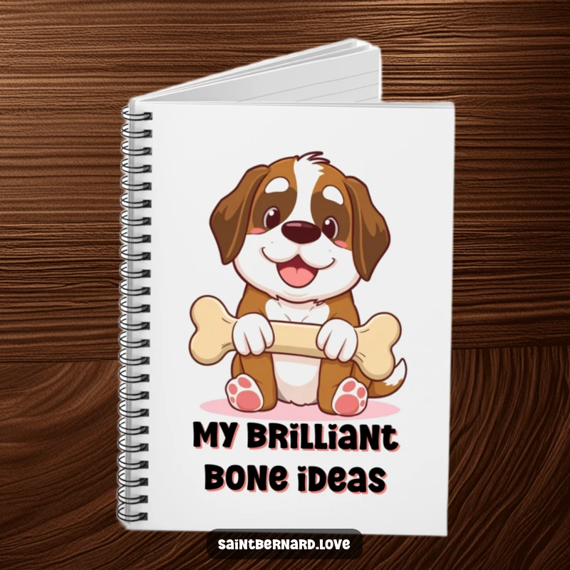 Funny Saint Bernard notebook, kawaii dog offering giant bone with smile, generous humorous journal, perfect for notes and doodles, ideal funny gift for writers.
