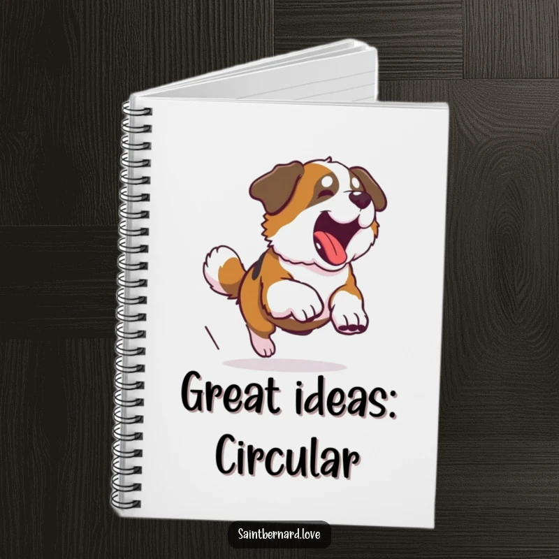 Funny Saint Bernard notebook featuring a large dog comically chasing its tail, ideal for note-taking with a dose of humor.
