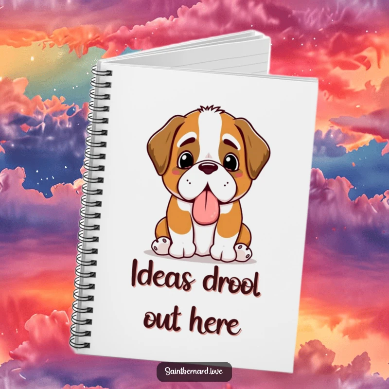 Funny Kawaii Saint Bernard notebook, featuring a happy panting dog offering a slobbery toy, ideal for jotting down notes and ideas.