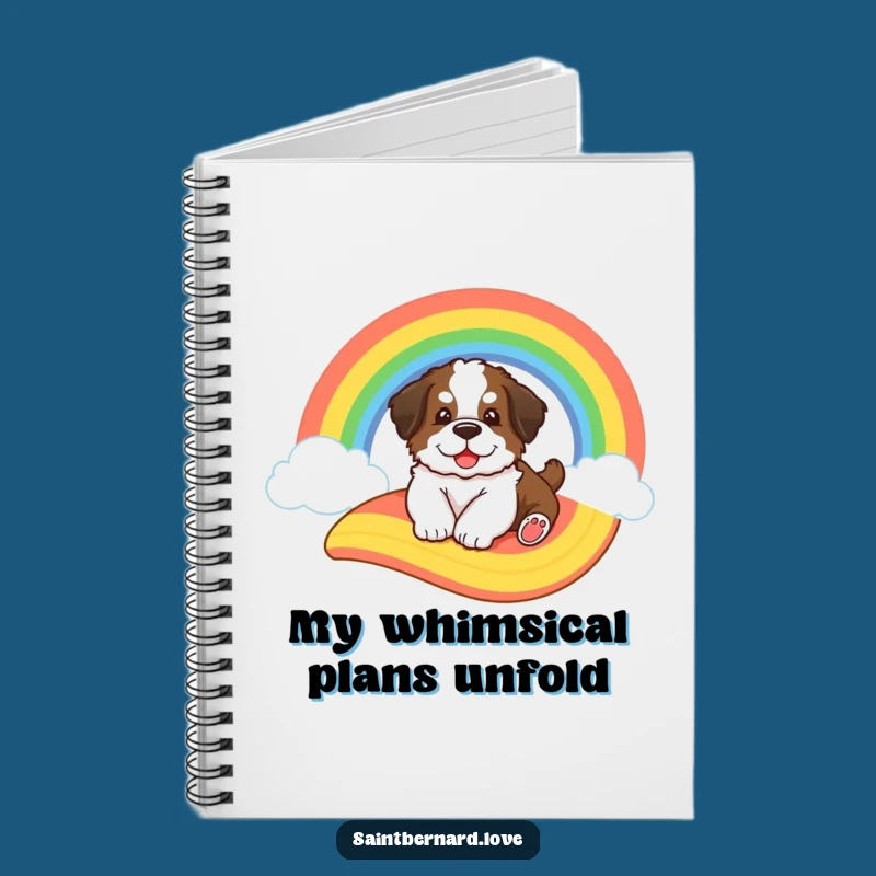 Jot down your happy thoughts with this funny notebook featuring a Saint Bernard puppy's rainbow adventure. Perfect for journaling dreams and ideas.