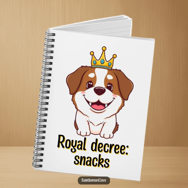 Funny Saint Bernard notebook featuring a happy, grinning dog wearing a small crown, perfect for jotting down regal ideas.