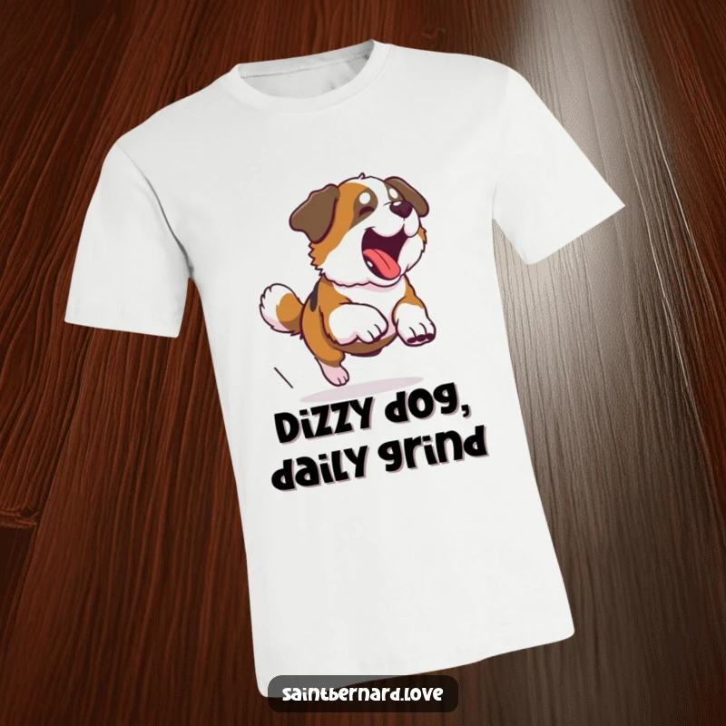 Funny Saint Bernard t-shirt showing a massive dog comically chasing its tail in a dizzying circle, expressing pure playful abandon.