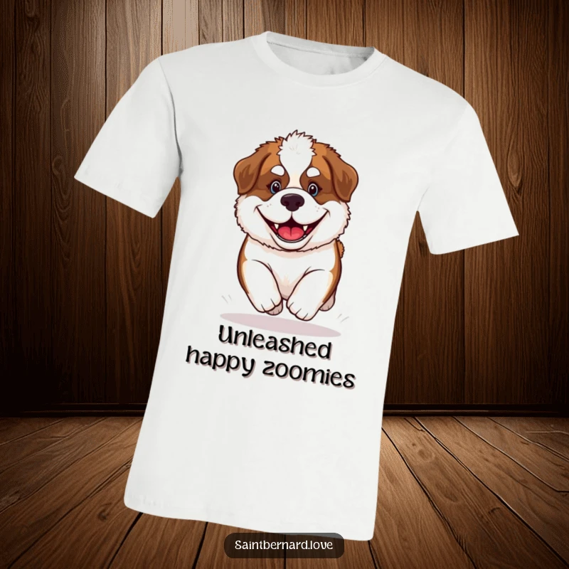 Funny Saint Bernard Puppy T-Shirt showcasing a fluffy dog with a massive grin, caught mid-race, radiating happiness and charm.