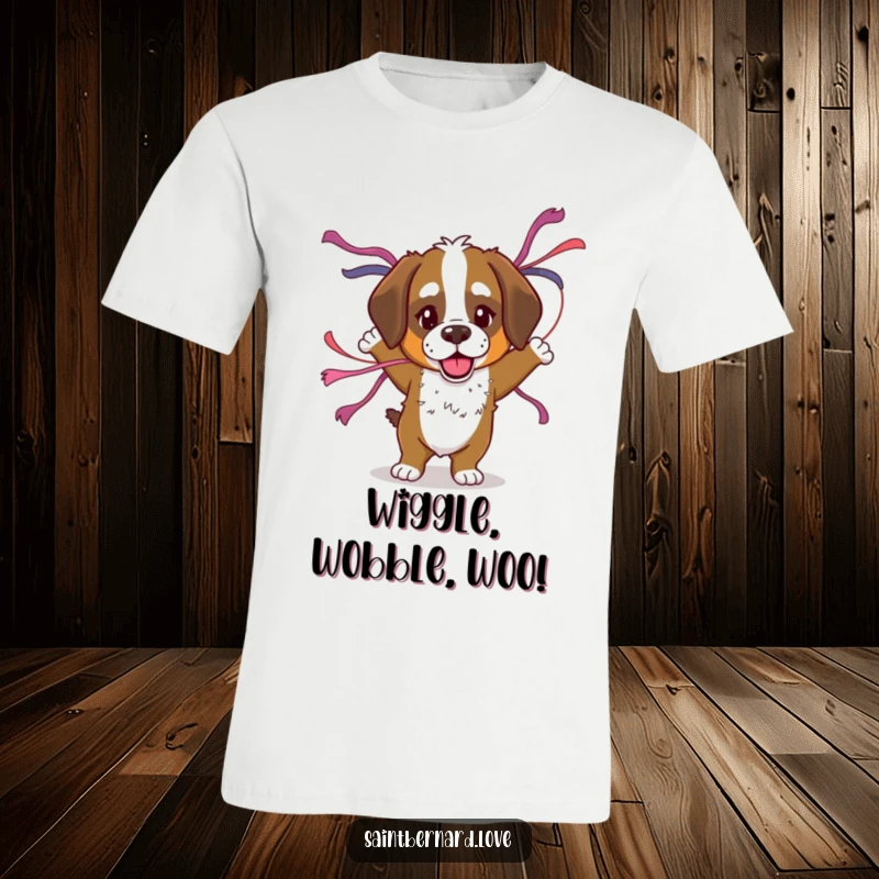 Funny Saint Bernard t-shirt depicting a dog with floppy ears joyfully dancing amidst streamers, embodying a spirit of fun and festive celebration.