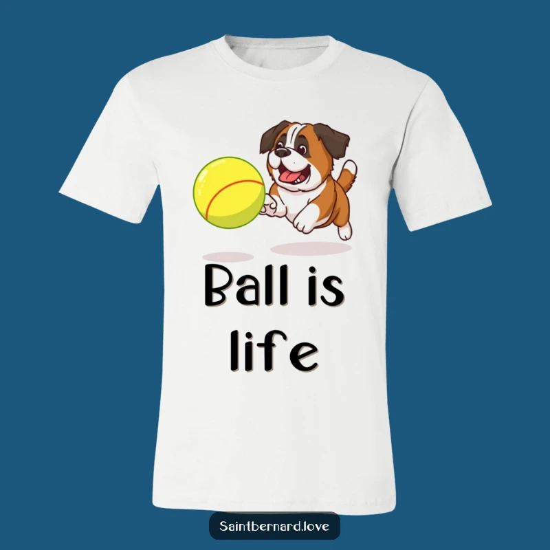 This funny t-shirt features a Saint Bernard in hot pursuit of a massive tennis ball. Perfect for active dogs and the people who love them.