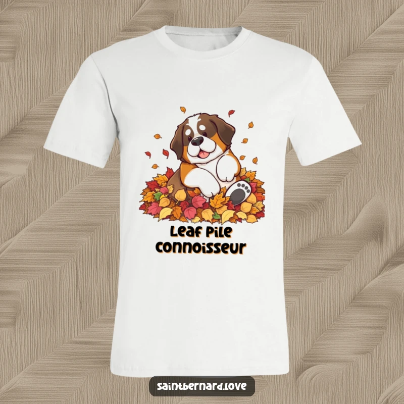 Funny Saint Bernard t-shirt featuring a big dog joyfully rolling in a massive pile of vibrant autumn leaves, radiating happiness.