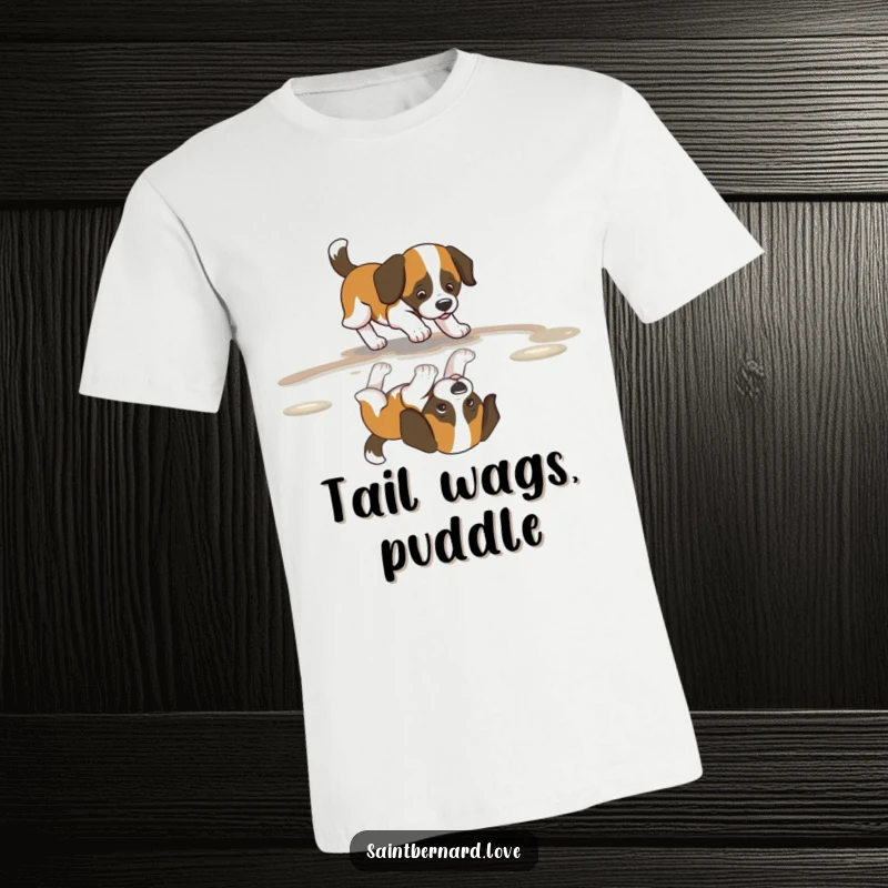 Funny Saint Bernard T-Shirt featuring a dog with an excited, wagging tail, gleefully pursuing its reflection in a water puddle.