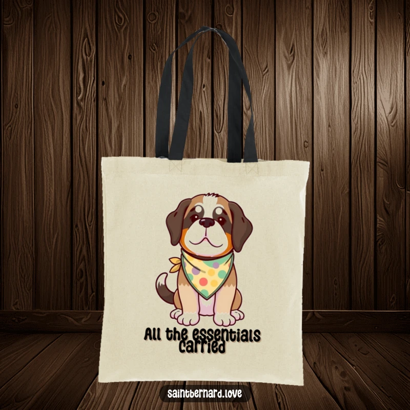 Funny Kawaii Saint Bernard Tote Bag showcasing a delightful illustration of a happy dog with its tail wagging, wearing a bandana.