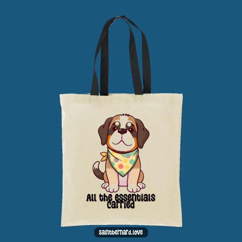 Haul your essentials with a smile using this funny kawaii Saint Bernard tote bag, featuring a happy dog mid-wag. Stylish and full of canine charm.