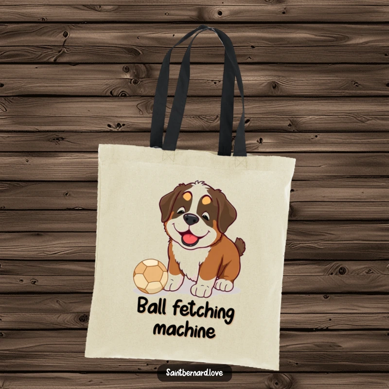 Funny Saint Bernard tote bag illustration of a dog happily nudging a ball with its nose, great for pet lovers.