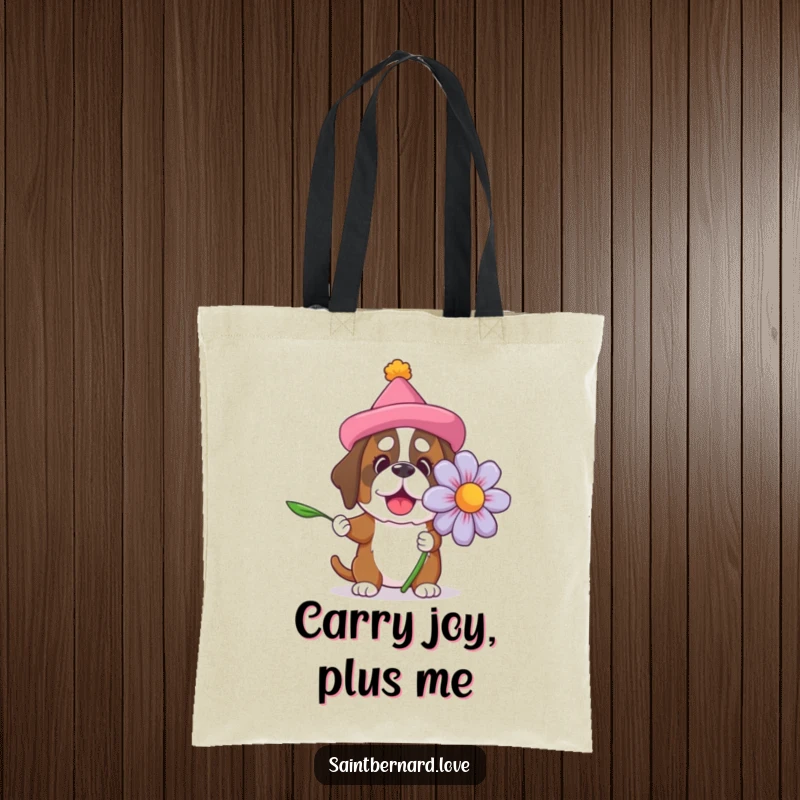 Funny Saint Bernard tote bag showing a dog with a silly hat and a huge flower, ideal for stylishly carrying humor and essentials.
