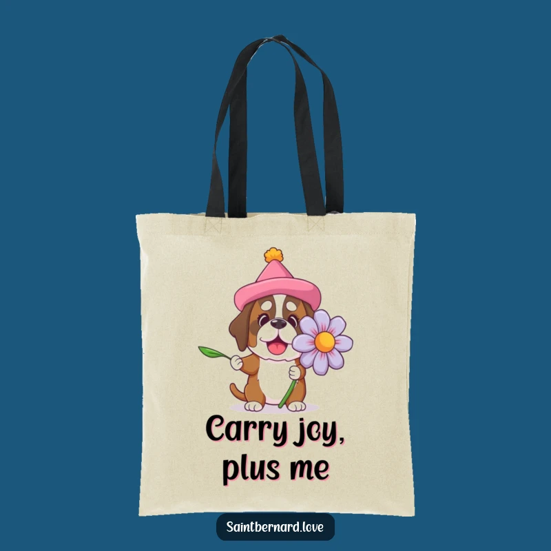 This tote bag depicts a Saint Bernard in a funny hat with a giant flower. Carry your essentials in style and with a dose of canine comedy.
