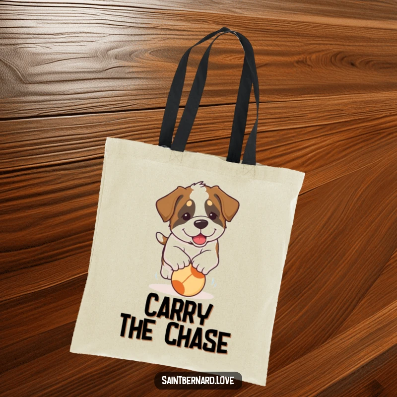 Funny Saint Bernard Puppy Tote Bag: A durable tote bag featuring a Saint Bernard puppy with endearing floppy ears hilariously chasing after a ball.