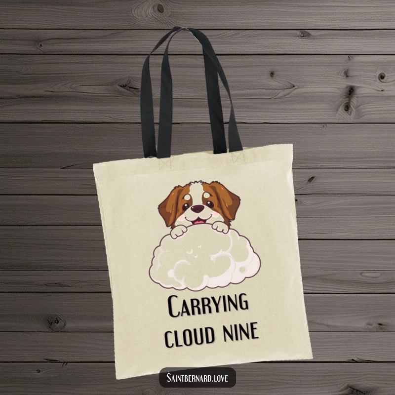 Funny Saint Bernard cloud tote bag with a smiling dog peeking over a fluffy cloud, a delightful accessory.