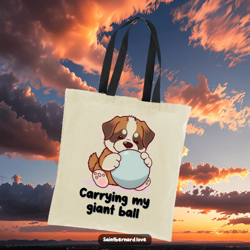 Funny Saint Bernard tote bag, kawaii dog with big paws playing large ball, playful humorous illustration, durable and stylish, ideal funny gift for shoppers.