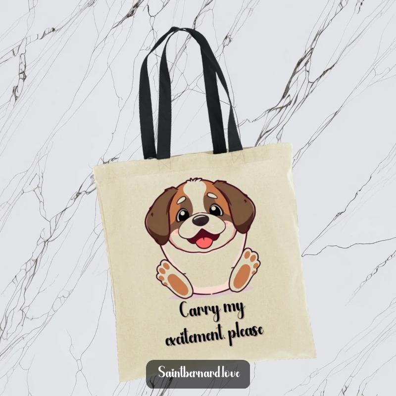 Funny Kawaii Saint Bernard Tote Bag with an illustration of a dog with paws stretched upwards, looking excited and ready for anything.