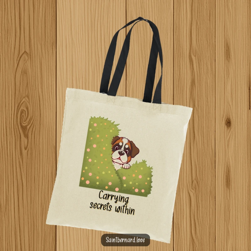 Funny Saint Bernard Tote Bag: Durable tote featuring a Saint Bernard peeking mischievously from behind a bush, a practical and humorous dog accessory.