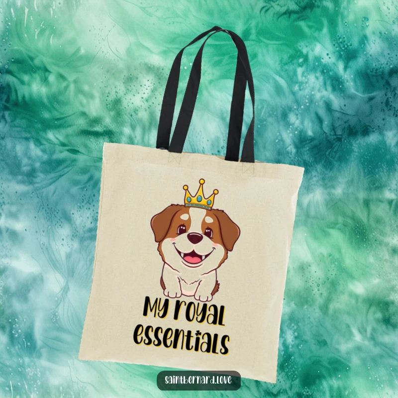 Funny Saint Bernard tote bag with a happy dog wearing a small crown and a wide grin, perfect for carrying essentials royally.