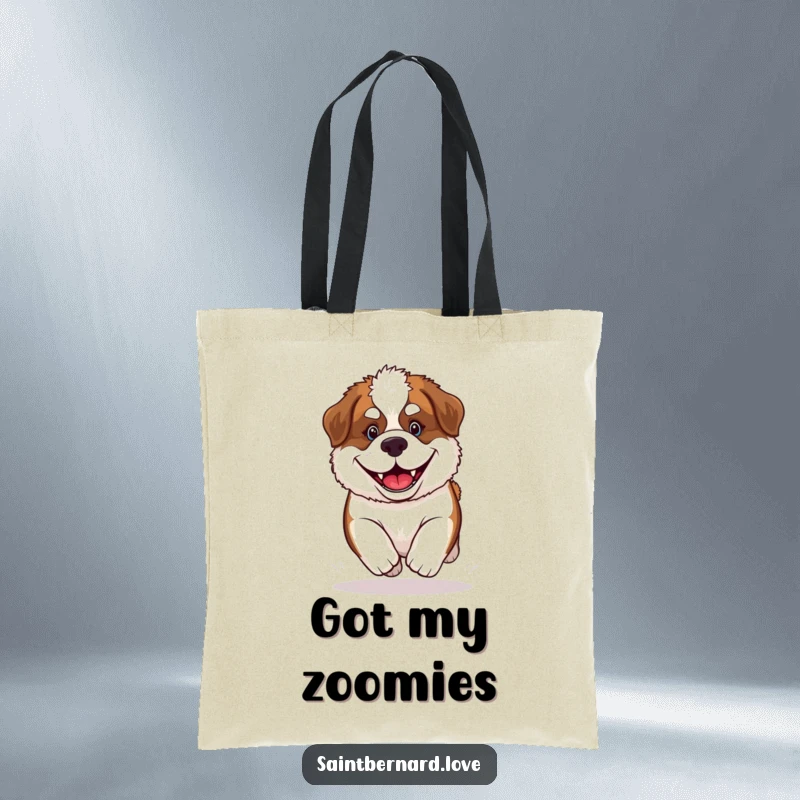 Funny Saint Bernard Puppy Tote Bag depicting a cheerful, grinning dog, ideal for shoppers who love cute and humorous accessories.
