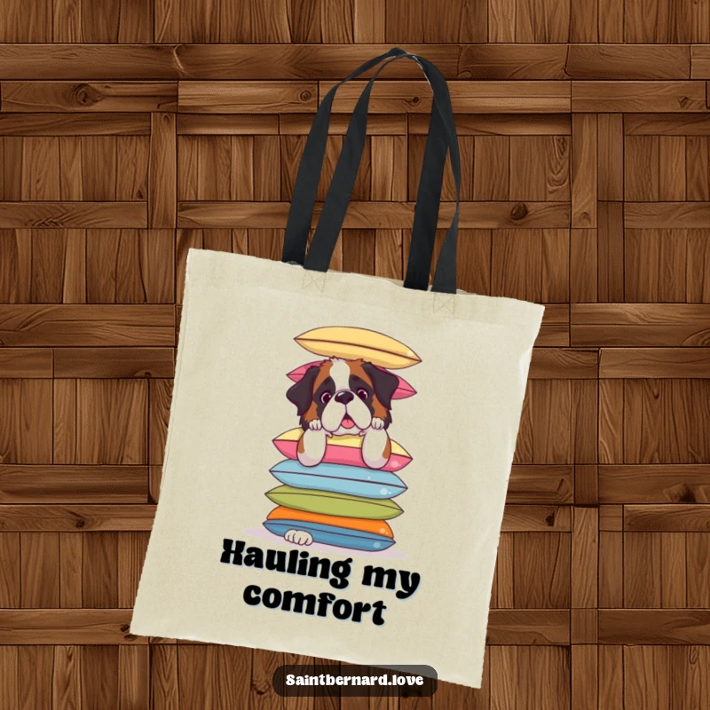 Funny Saint Bernard Tote Bag: Durable tote with a Saint Bernard hilariously balancing colorful cushions, a practical pet lover's item.