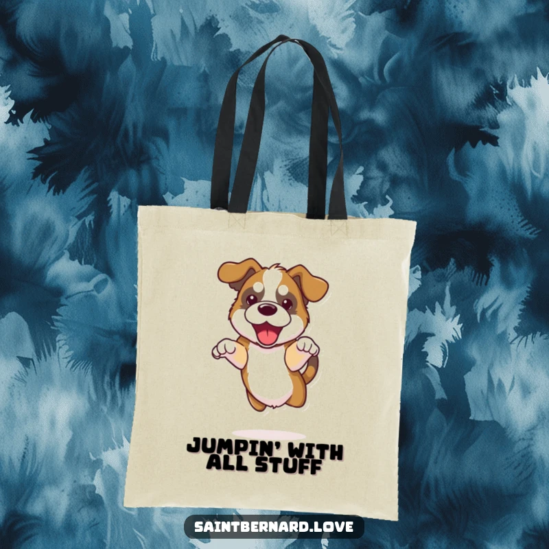 Funny Kawaii Saint Bernard Tote Bag with an illustration of a dog with floppy ears doing a happy jump, showcasing pure delight.
