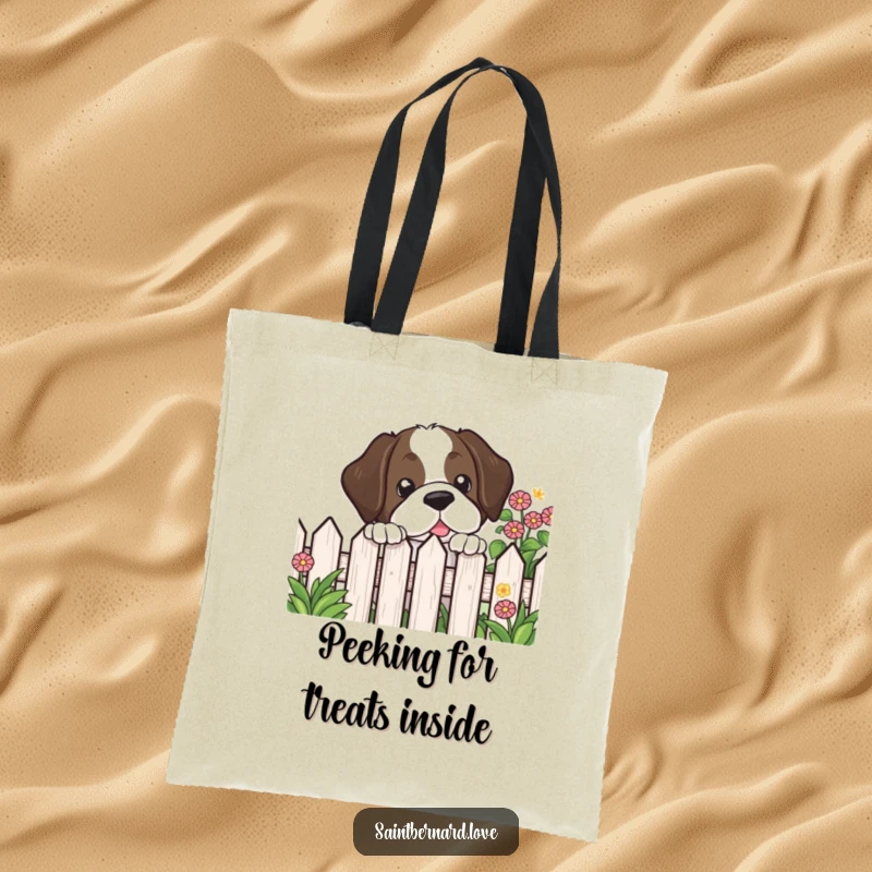 Funny Kawaii Saint Bernard Tote Bag with an illustration of a dog peeking inquisitively over a garden fence, showcasing gentle curiosity.